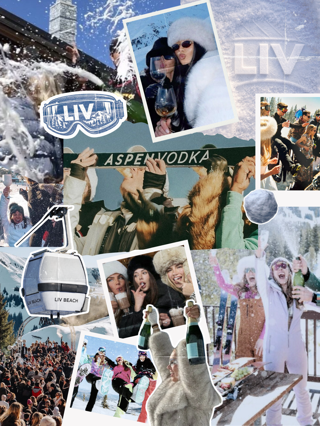 Collage featuring alpine-themed party scenes, winter attire, champagne moments, and crowd shots promoting Après Beach at LIV Beach in Las Vegas.