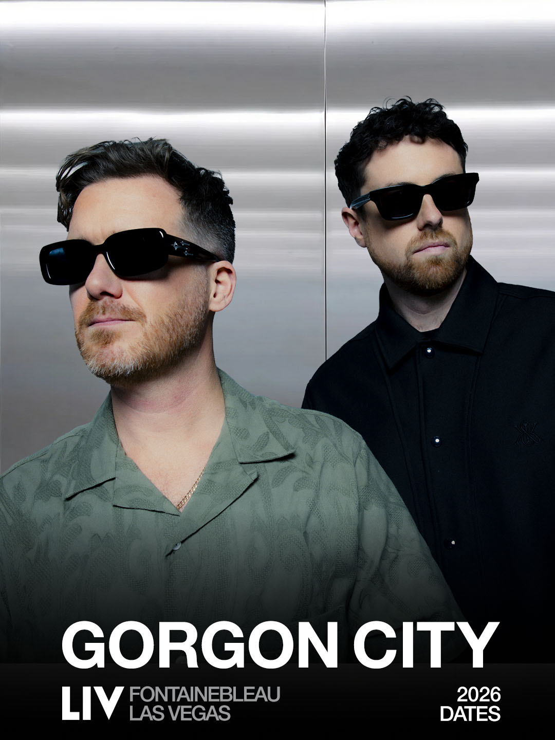 Gorgon City portrait promoting 2026 LIV Fontainebleau Las Vegas residency dates announcement poster.