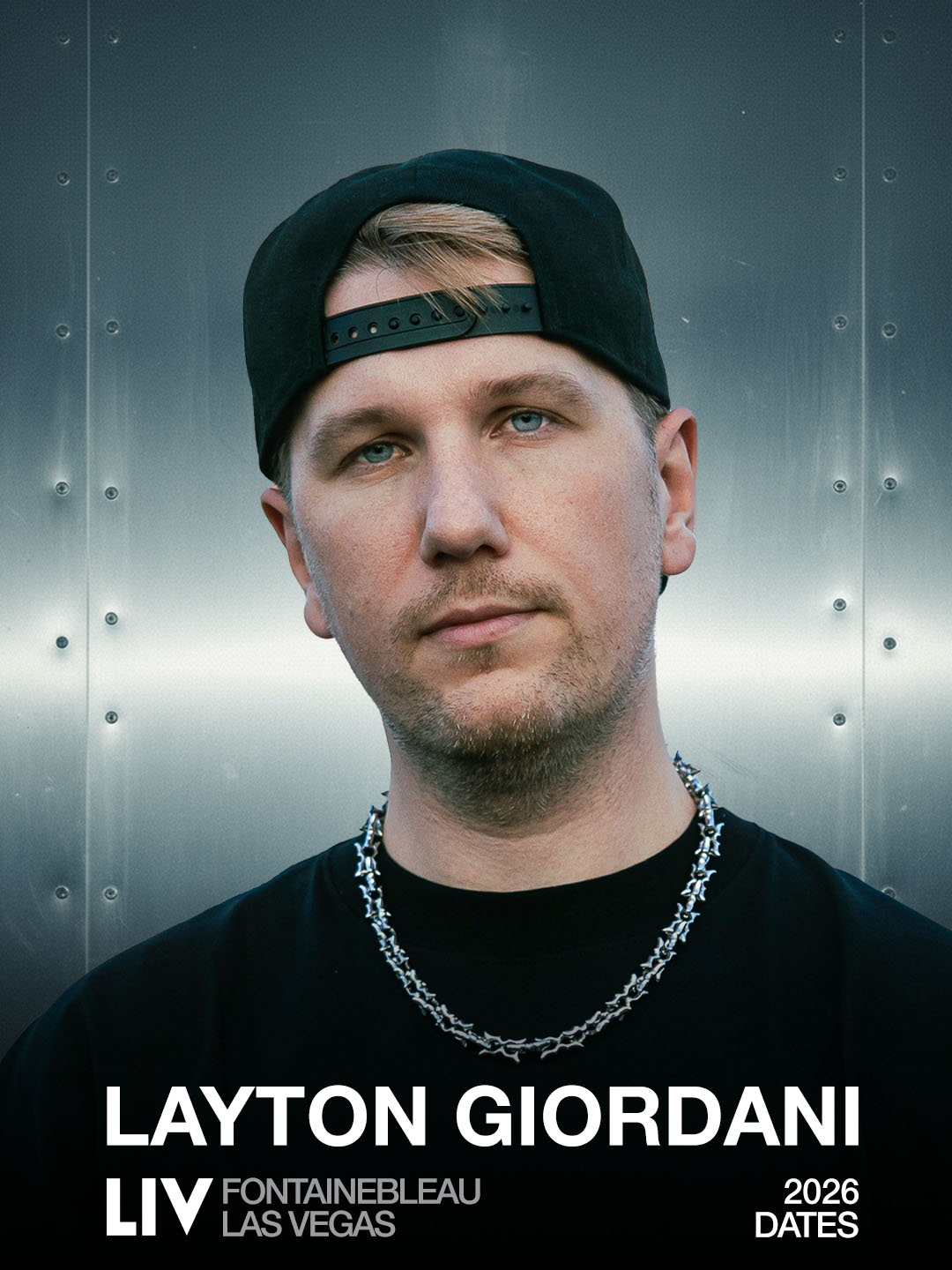 Layton Giordani portrait promoting 2026 LIV Fontainebleau Las Vegas residency dates poster.