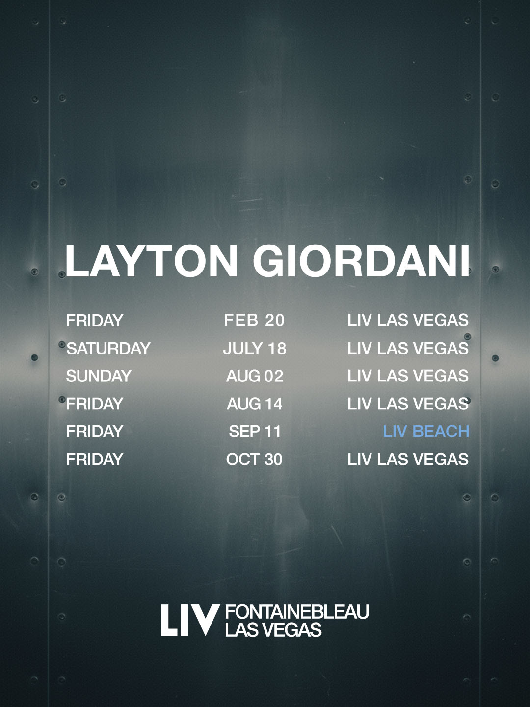 Layton Giordani 2026 performance dates listed for LIV Las Vegas and LIV Beach.