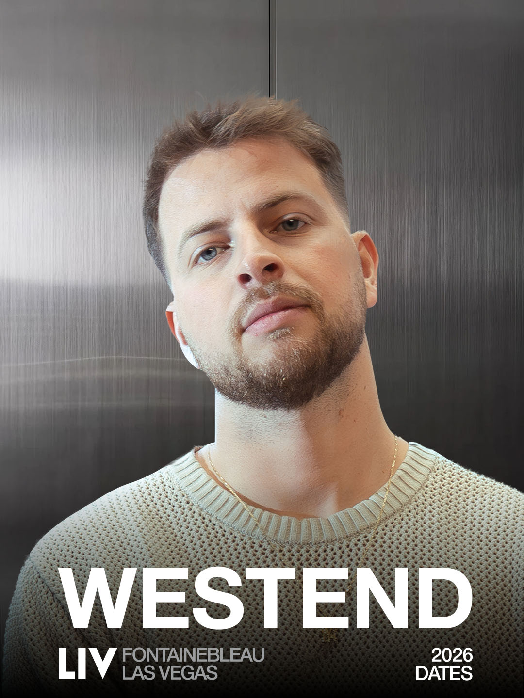 Westend portrait promoting 2026 LIV Las Vegas residency against metallic backdrop.