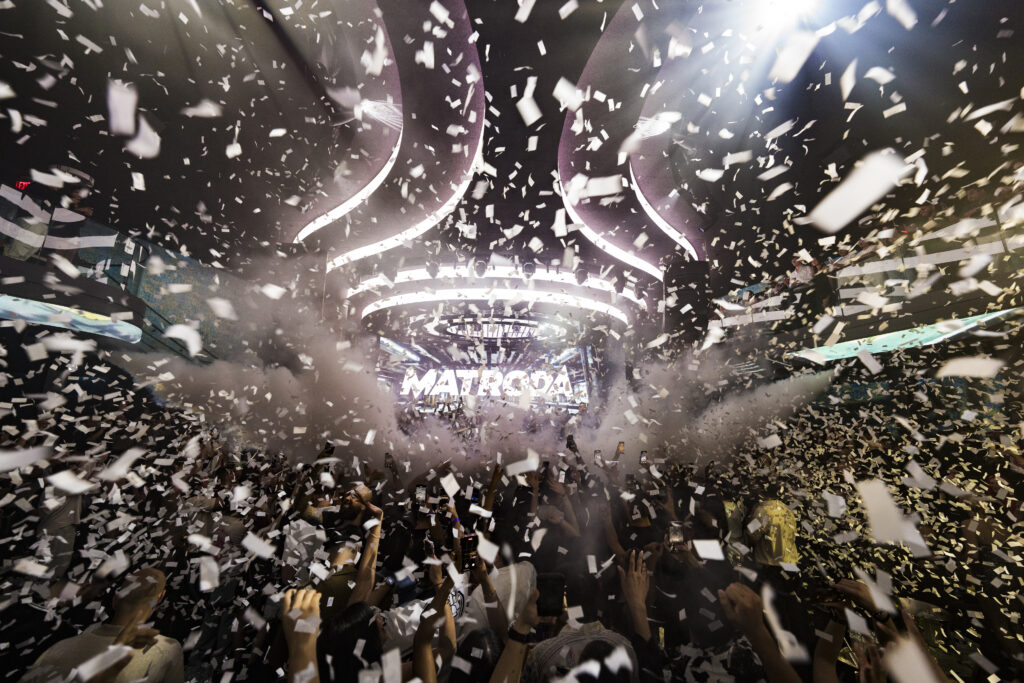 High-energy Matroda set at LIV Las Vegas with confetti and crowd fully immersed in the performance.