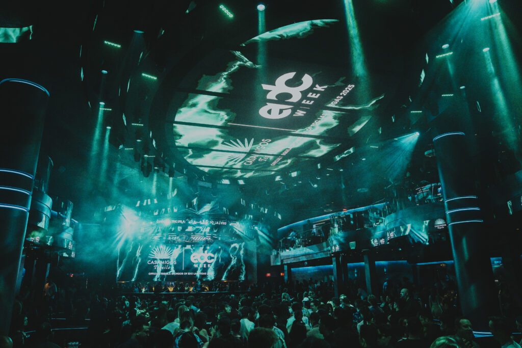 Wide shot of LIV Nightclub showcasing full-scale production, LED ceiling visuals, featuring Casamigos Tequila branding.