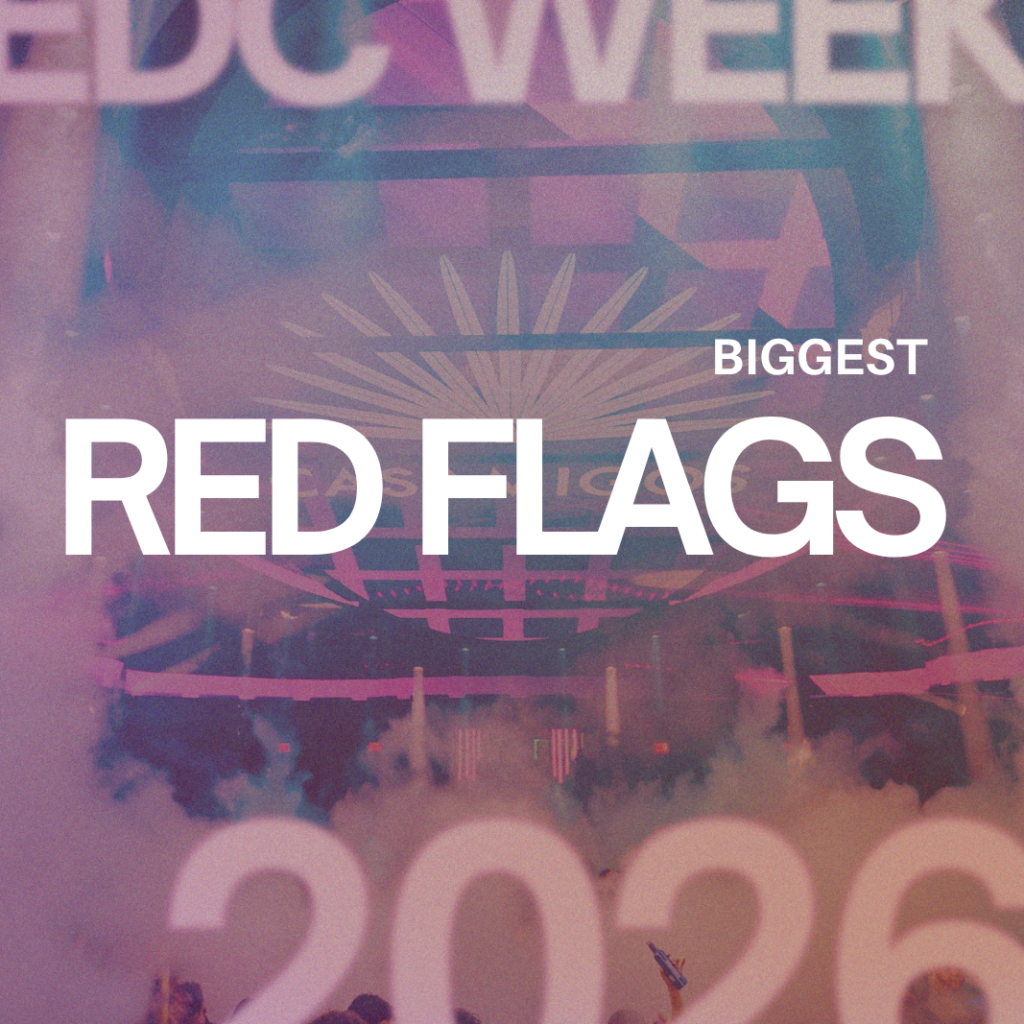 EDC Week 2026 Red Flags graphic featuring crowd, production effects, and event branding at LIV Las Vegas.