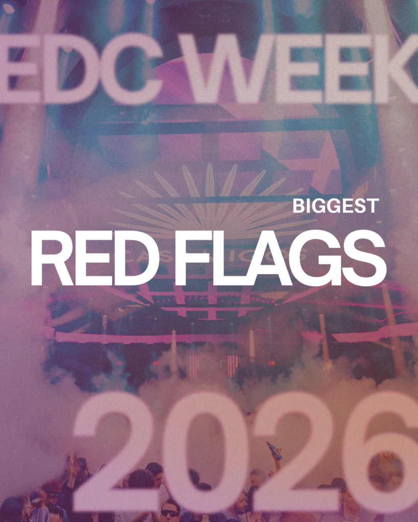EDC Week 2026 Red Flags graphic featuring crowd, production effects, and event branding at LIV Las Vegas.